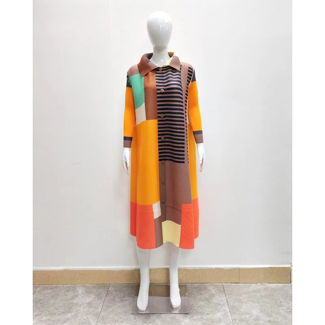 Miyake style spring pleated color blocked printed long sleeved cardigan fashionable casual plus size dress for women eprolo