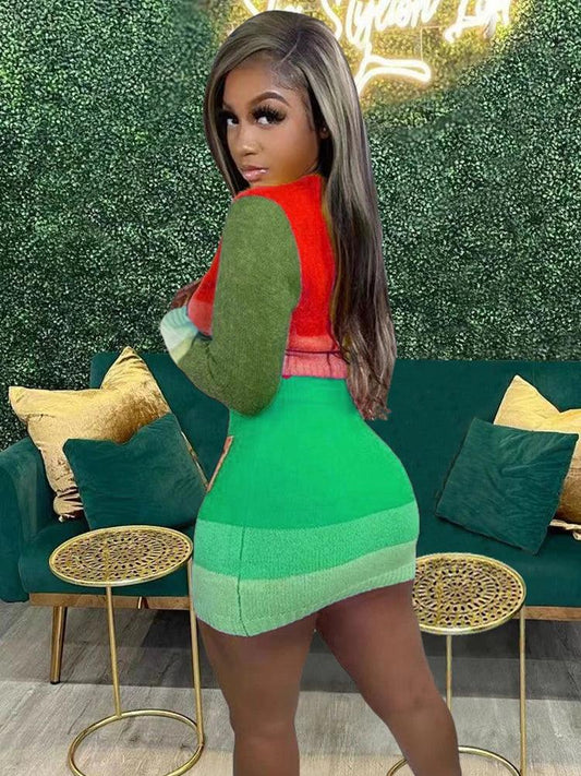 Knit Elastic Women 2 Piece Set Skinny Colorful Button Sweater+Pocket Skirts Casual Streetwear Matching Autumn Suits - Shello's Creative Boutique