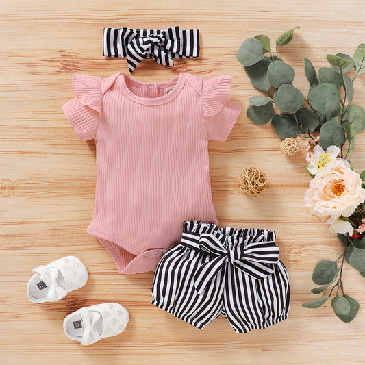 Toddler Infant Baby Girls Stripe Outfits Children Girl Romper Bowknot Shorts Headbands Set Summer Kids Set Baby Kleding Meisje eprolo