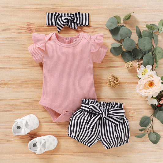 Toddler Infant Baby Girls Stripe Outfits Children Girl Romper Bowknot Shorts Headbands Set Summer Kids Set Baby Kleding Meisje - Shello's Creative Boutique