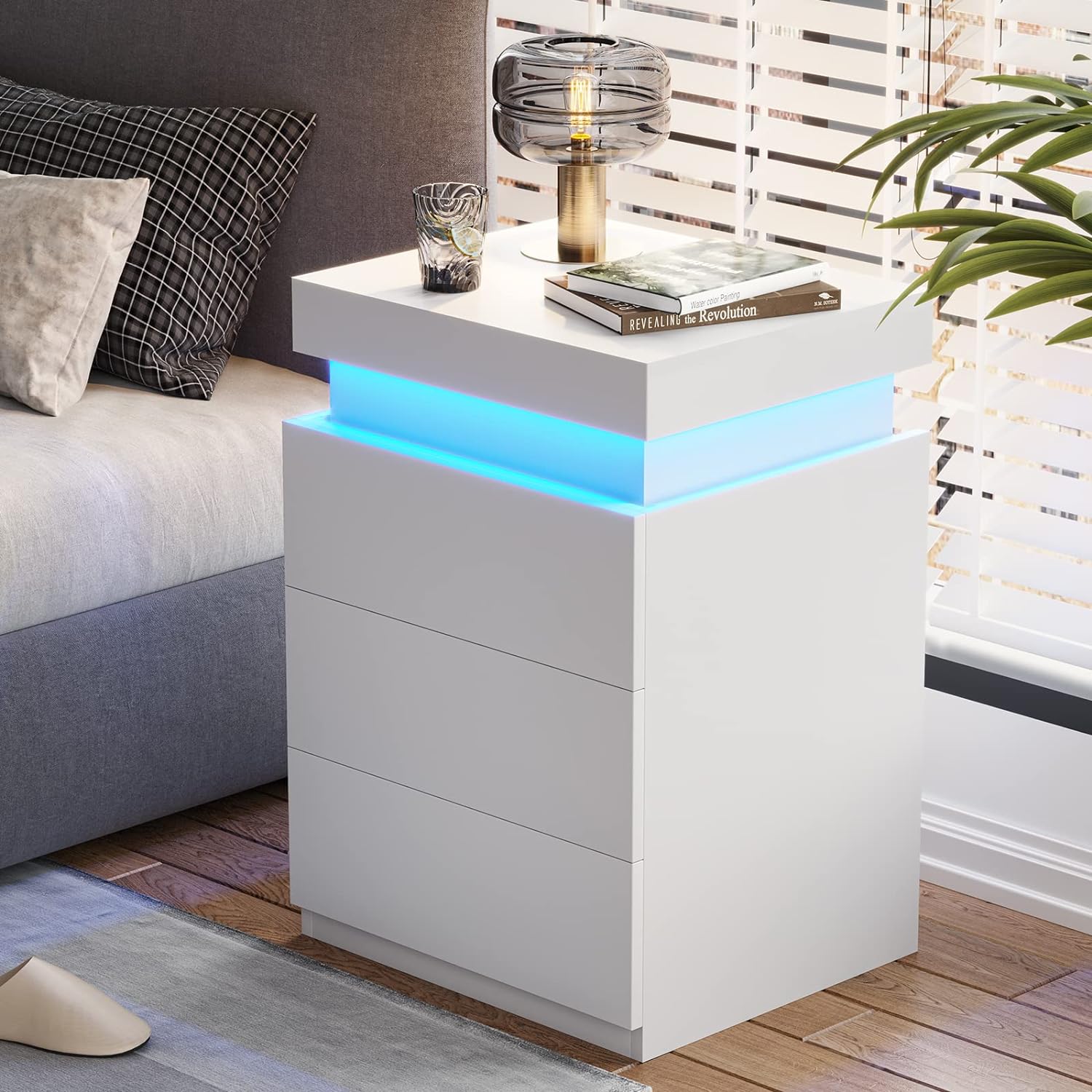 LED White Nightstand With 3 Drawers, Modern Multi-Colour LED Night Table Bedside Tables for Bedroom, Living Room eprolo