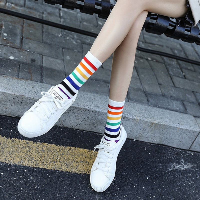 Rainbow Striped Harajuku Socks - Fun Cotton Short Socks for Women