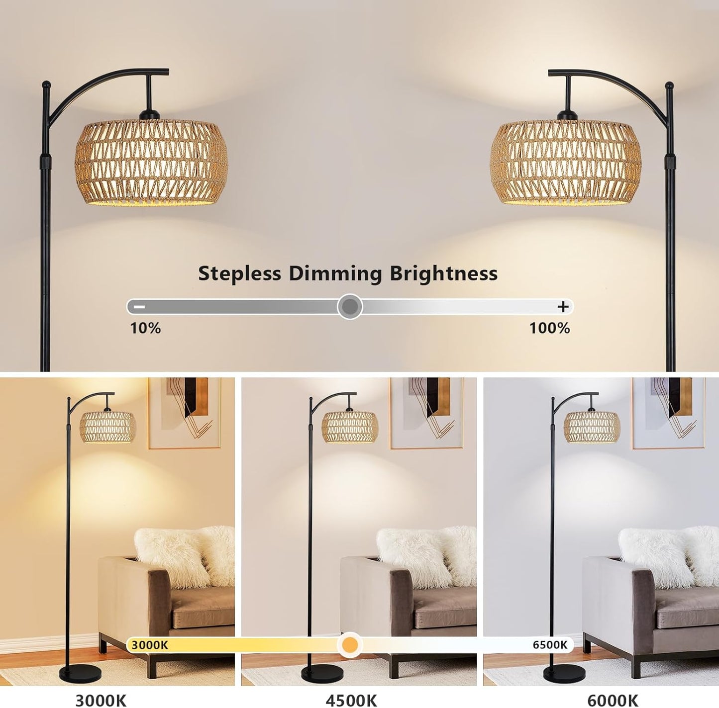 Arc Floor Lamp with Remote Control, Dimmable LED Floor Lamp with 3 Color Temperature Boho Farmhouse Tall Pole Lamp eprolo