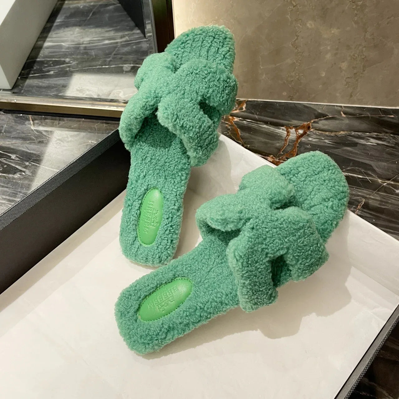 Wearing 7 colours lamb fur slippers for external wear women's H-shaped suede one line drag - Shello's Creative Boutique