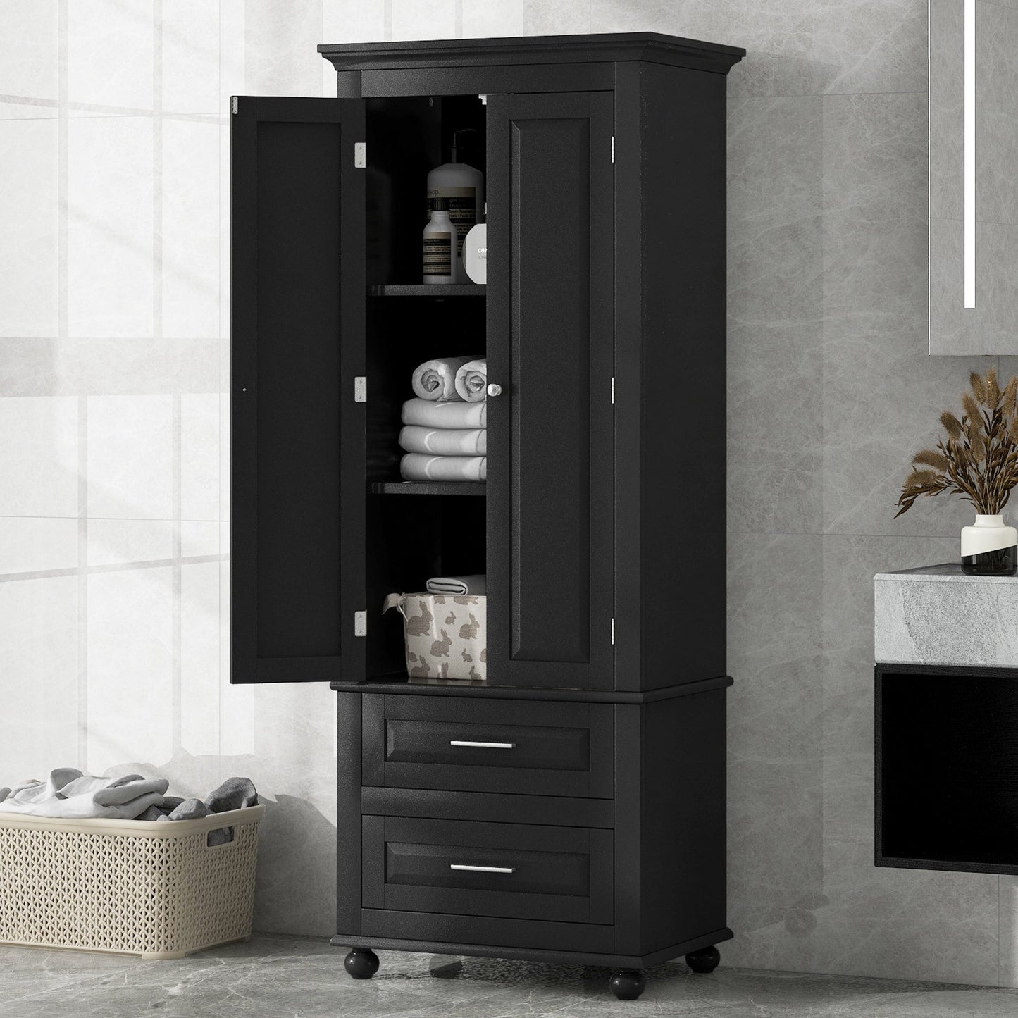 Tall Storage Cabinet with Two Drawers for Bathroom/Office, Black eprolo