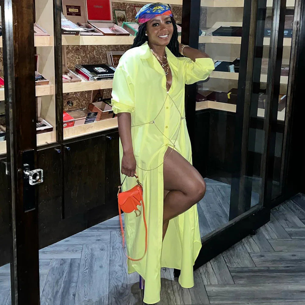 Casual Lapel Half Sleeve Shirt Dress Solid Color Long Jacket - Shello's Creative Boutique
