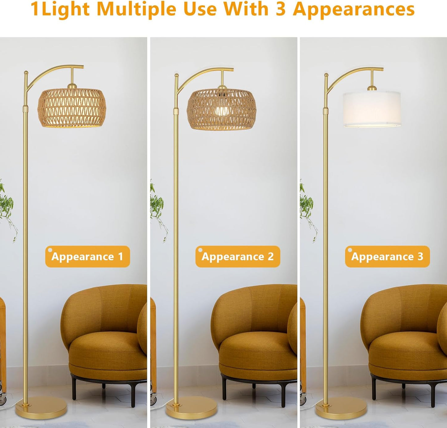 Arc Floor Lamp with 3 Color Temperatures, LED Gold Floor Lamp with Remote & Stepless Dimmable Bulb, Boho Standing Lamp eprolo