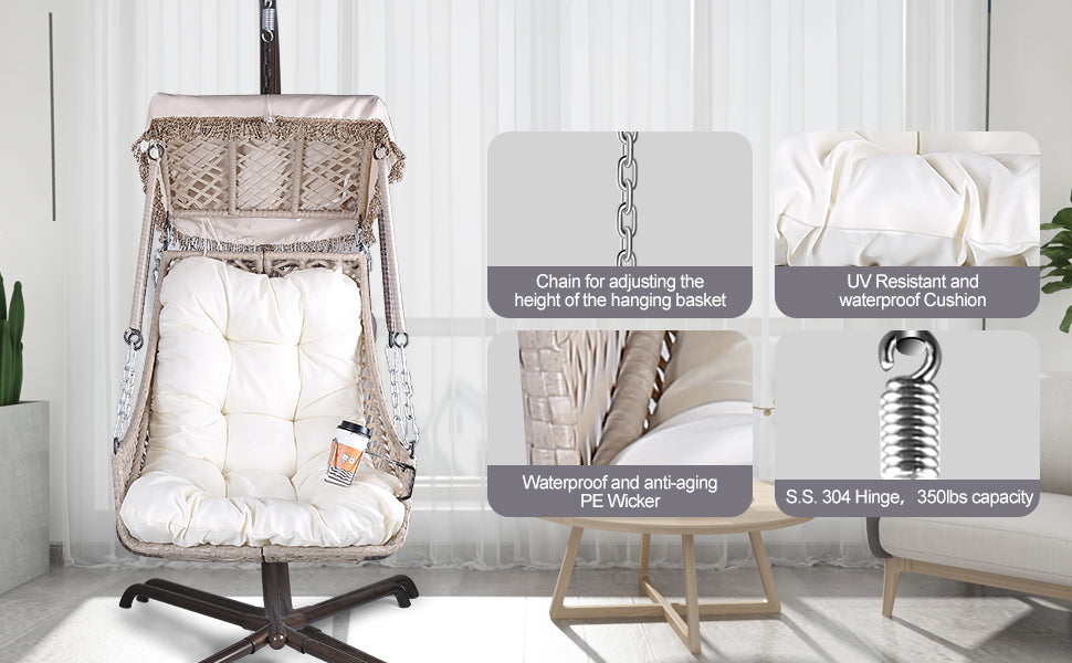 Luxury Swing Egg Chair with Stand - Indoor/Outdoor Hanging Chair with Sunshade