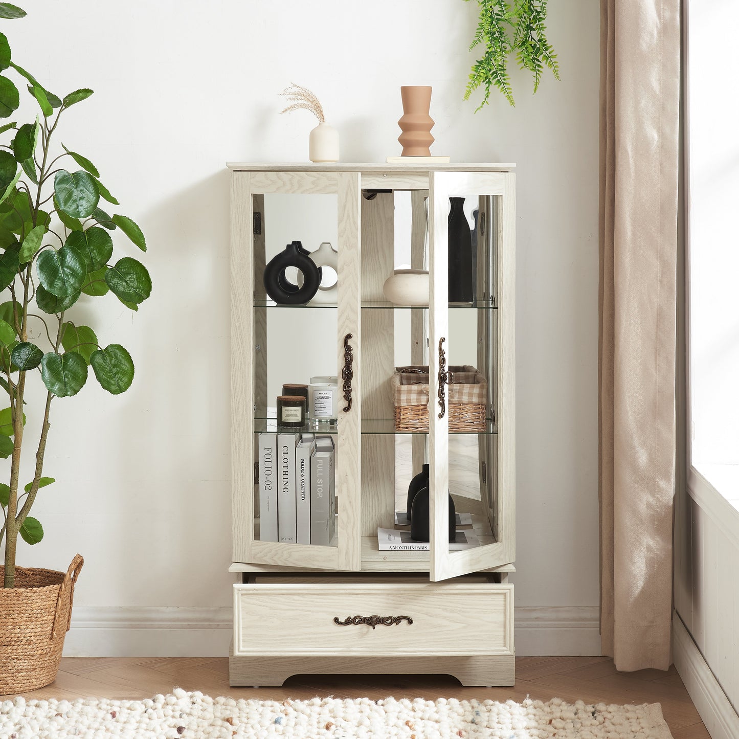 Light colored glass cabinet Curio display cabinet with adjustable glass frame, 2 doors and 1 drawer, including white light bulbs eprolo
