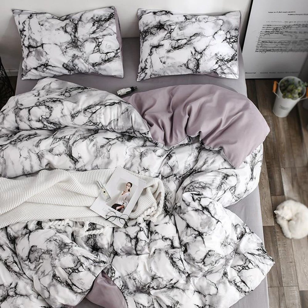 The Bedroom Bedding Is A Comfortable White Marble Pattern Printed Duvet Cover (2/3 Piece Set) eprolo