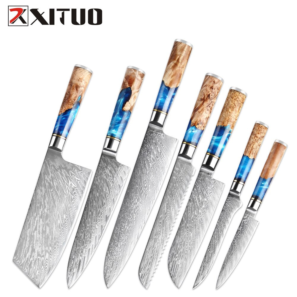 XITUO Kitchen Knives-Set Damascus Steel VG10 Chef Knife Cleaver Paring Bread Knife Blue Resin and Color Wood Handle Cooking Tool eprolo