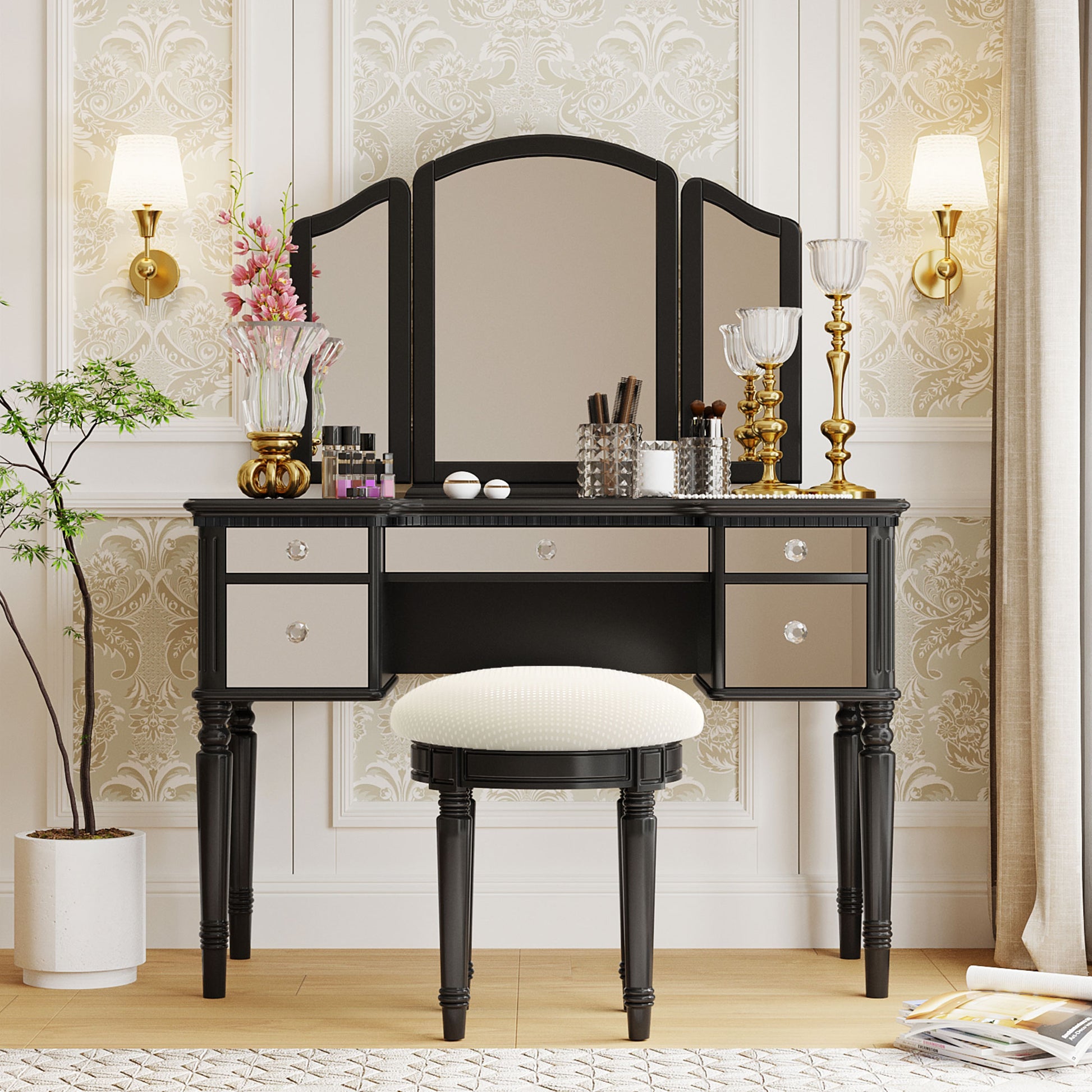 GO 43" Dressing Table Set with Mirrored Drawers and Stool, Tri-fold Mirror, Makeup Vanity Set for Bedroom, Black eprolo