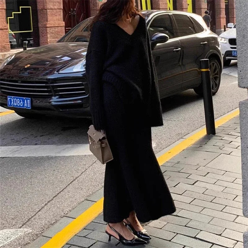 Korean Lazy Sweater Set Skirt Women's Autumn/Winter V-neck Knitted Top Fish Tail Half Skirt Fashion Two piece Set - Shello's Creative Boutique