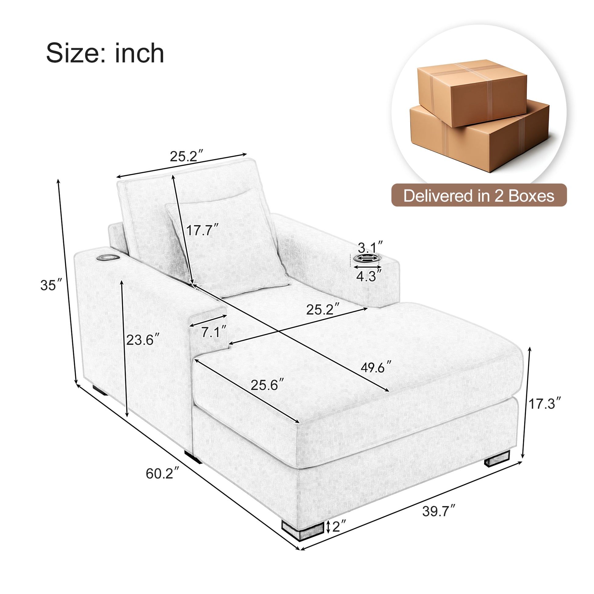 39.7" Oversized Chaise Lounger Modern Style Sofa Couch ,with Pillows, Charge Station & Cup Holders, Chenille Fabric, Cream Shello Creative Boutique
