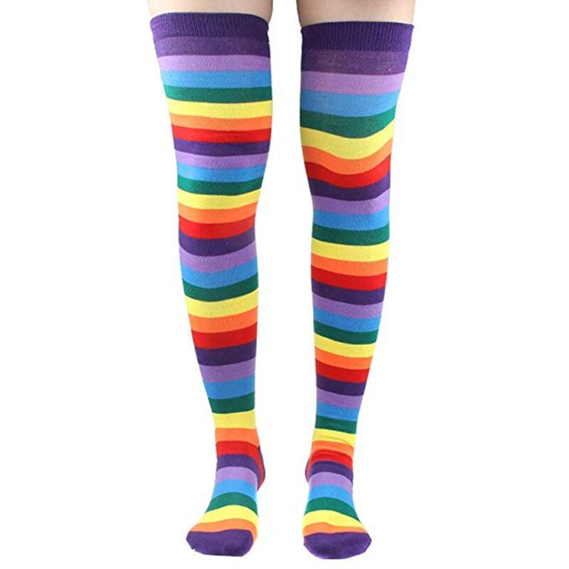 Women Rainbow Striped Thigh High Long Socks Arm Warmers Fingerless Gloves Set 649C eprolo