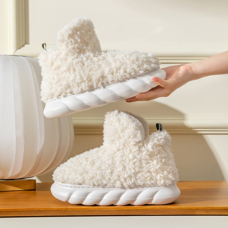 High top bag and cotton slippers with added velvet for warmth in winter for couples staying at home, indoor and outdoor, non slip soft soled plush cotton shoes eprolo