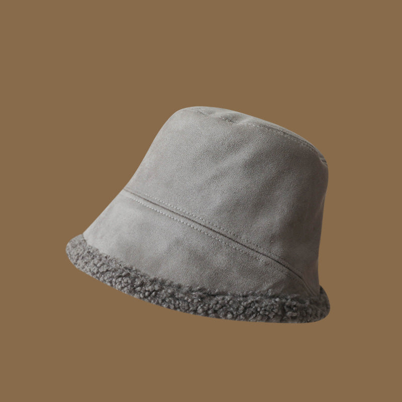 Double-Sided Wear Deerskin Velvet Bucket Hat Girls Autumn And Winter Thickened Lamb's Wool To Prevent Cold Warm eprolo