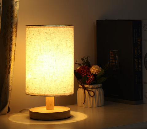 Linen Table Lamp LED Linen Night Lamp w/Warm White Light Linen Nightstand Lamp USB Powered Wooden Beside Lamp eprolo