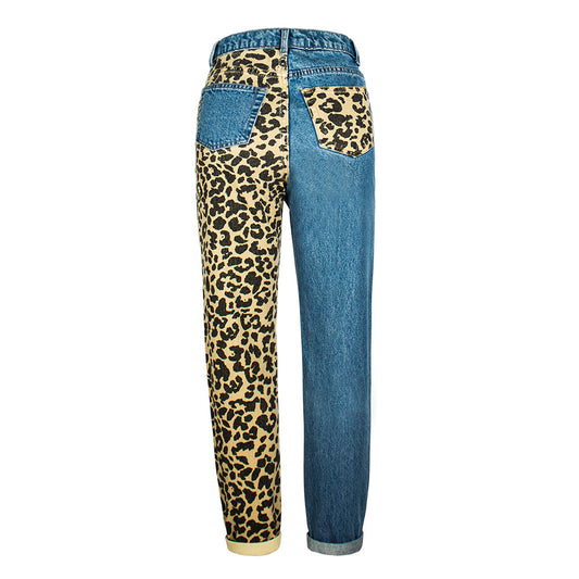 New Fashion Leopard High Waist Jeans Women`s Straight Boyfriend Denim Pants eprolo