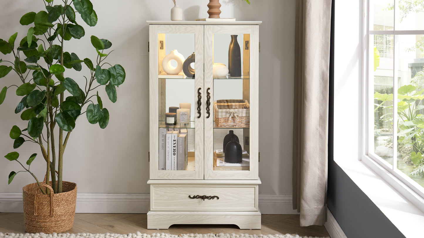 Light colored glass cabinet Curio display cabinet with adjustable glass frame, 2 doors and 1 drawer, including white light bulbs eprolo