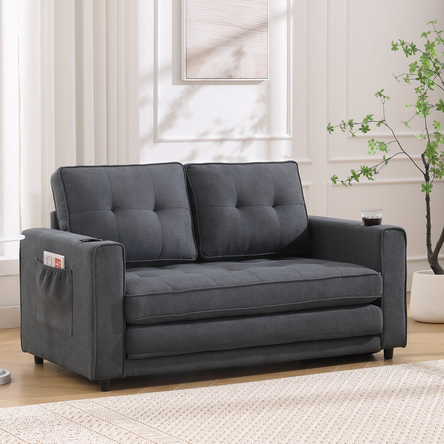 Three in one soft cushion cushion cushion sofa, folding mattress sofa bed, with side pockets and cup holder, dark gray eprolo
