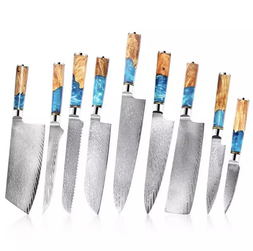 XUANFENG set of vg10 steel kitchen knife brocade machete chef knife bread knife blue resin and color wooden handle kitchen tools eprolo