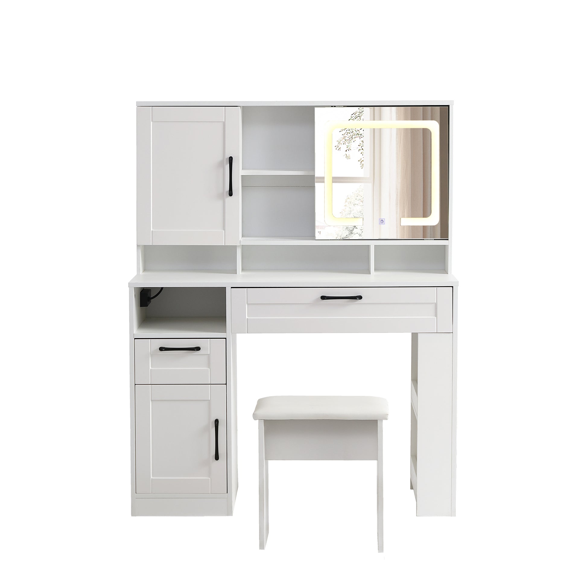 Vanity table with large sliding lighted mirror dressing table with 2 drawers storage shelves and upholstered stool white color eprolo