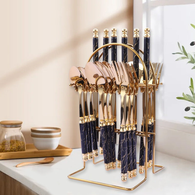 410 stainless steel knife, fork, spoon set, European style hotel Western tableware, golden dessert spoon set, 24 pieces eprolo