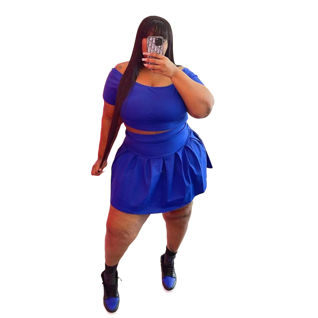 Fashion Women's New Solid Color Pleated Skirt Plus Size Two Piece Set eprolo