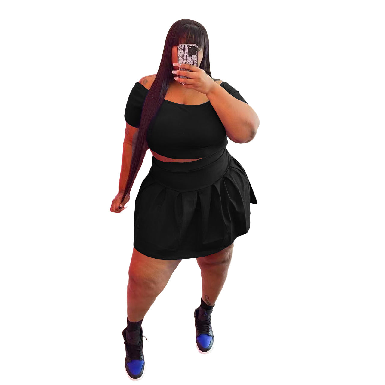 Fashion Women's New Solid Color Pleated Skirt Plus Size Two Piece Set eprolo