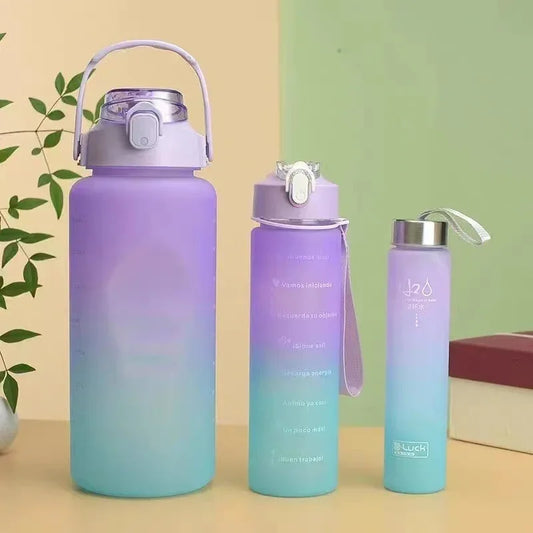 Graduated three piece set of gradient colored plastic cups, large capacity portable portable sports water bottle, fashionable frosted water cup - Shello's Creative Boutique