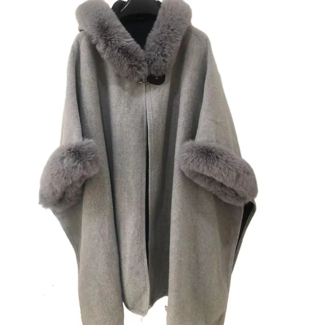 Eprolo Faux Fur Hooded Shawl Cape – Plus Size Woolen Cardigan with Otter Rabbit Collar | Winter Elegance One Size - Shello's Creative Boutique