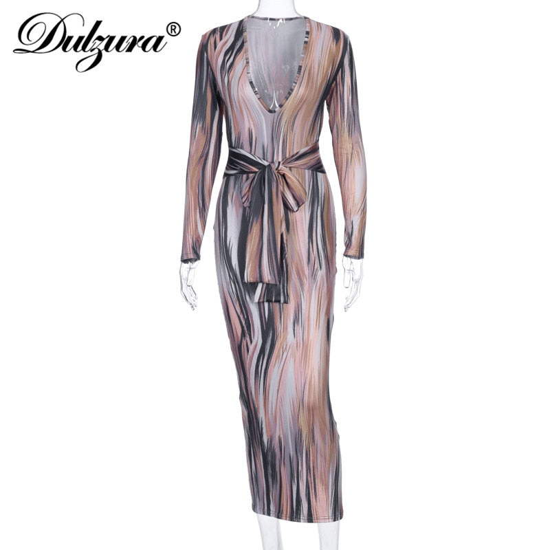 Dulzura tie dye print women midi dress long sleeve bodycon sexy bandage bodycon sexy autumn winter clothes party dinner eprolo