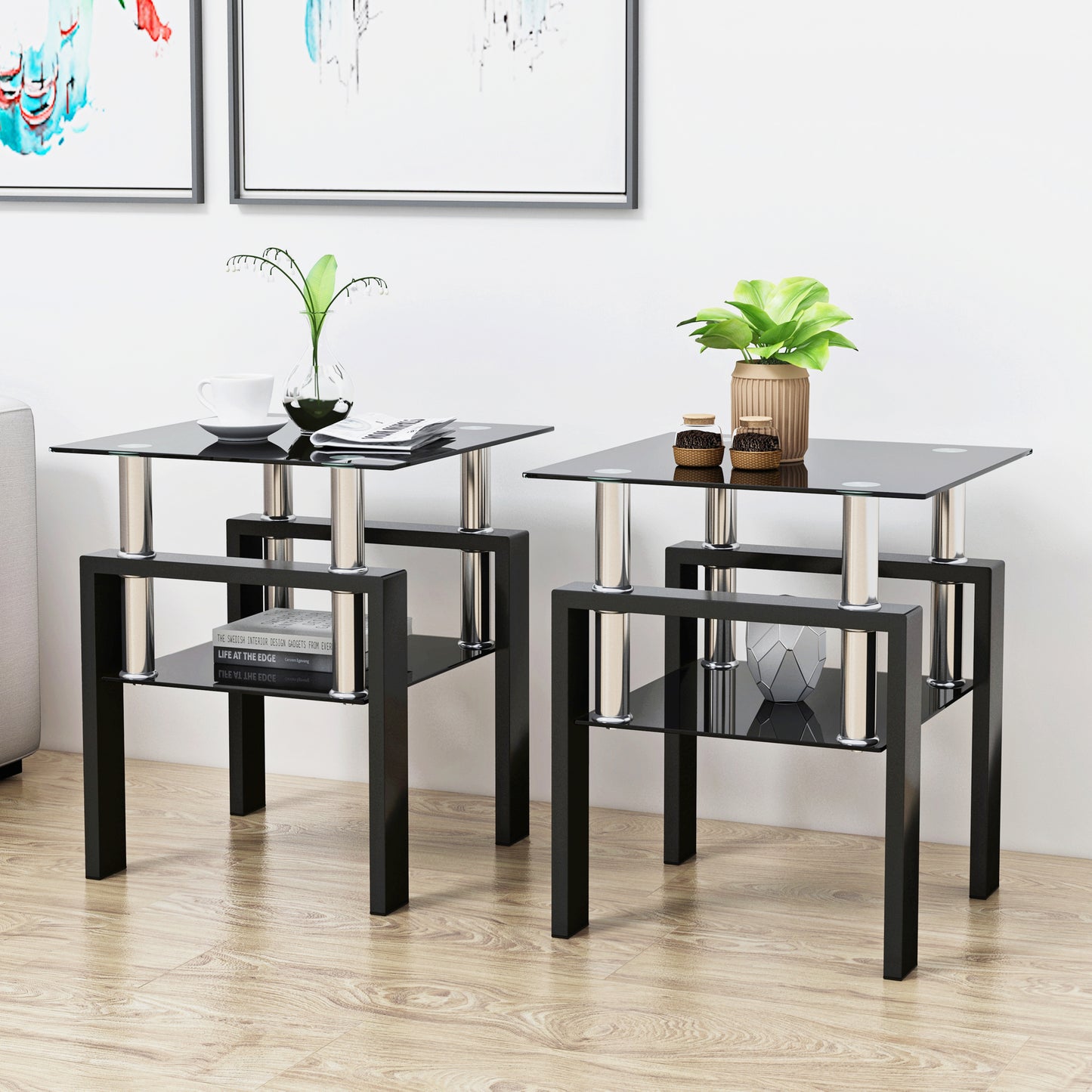 Set of 2, Modern Tempered Glass Tea Table Coffee Table End Table, Square Table for Living Room, Black eprolo