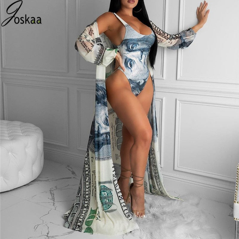 Joskaa Money Print Beach Wear Swimming Suit for Women Summer Two Piece Set Bathing Suit Sexy Swimwear with Cover Up Set