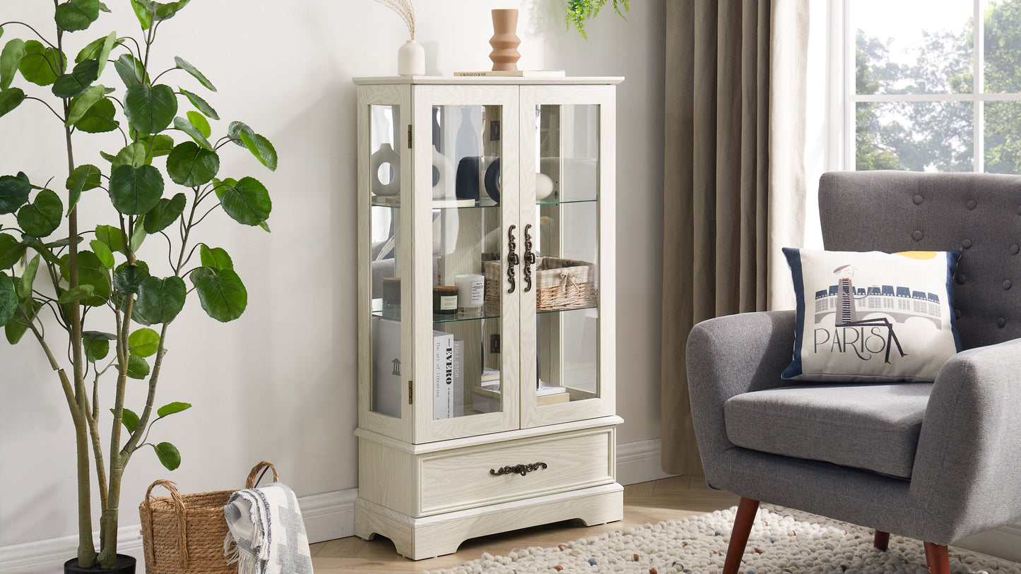 Light colored glass cabinet Curio display cabinet with adjustable glass frame, 2 doors and 1 drawer, including white light bulbs eprolo