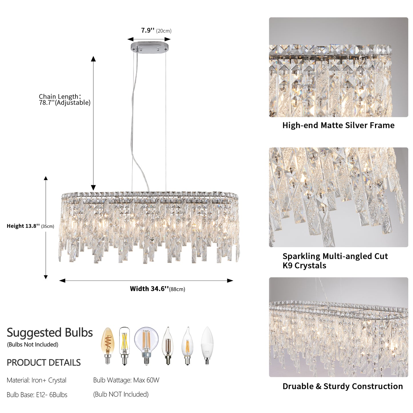 Silver elegant oval crystal pendant light, modern ceiling fixture with reflective suspended crystal (bulb not included) eprolo