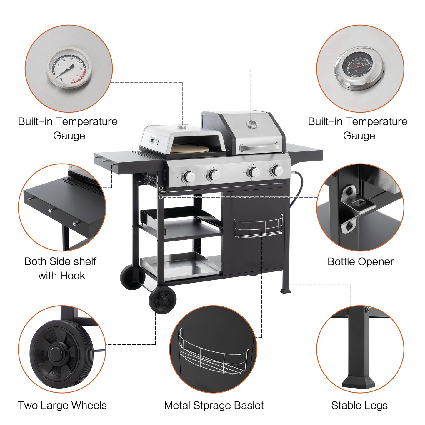 2+2 multifunctional gas barbecue grill and covered grill combination for outdoor cooking - barbecue, barbecue, pizza. eprolo