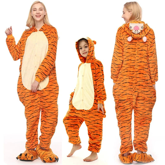 Fleece Tiger Adult Onesie Pajamas Christmas Halloween Animal Cosplay Sleepwear Women Men Kids Family One Piece Jumpsuit Costume eprolo