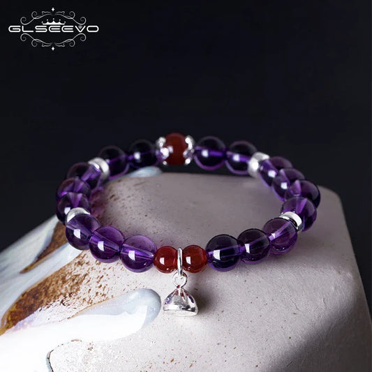 GLSEEVO 925 Sterling Silver Women Bracelet Natural Stone Amethyst Agate Gift Adjustable Bracelets Luxury Fine Jewellery GB0070 - Shello's Creative Boutique