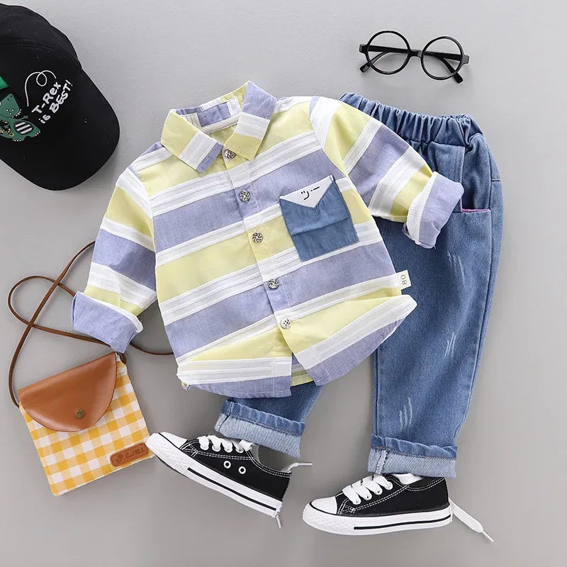 Fashion baby boys clothes spring children clothing gentleman baby boy striped shirt+jeans 2pcs set Newborn baby boy clothes - Shello's Creative Boutique