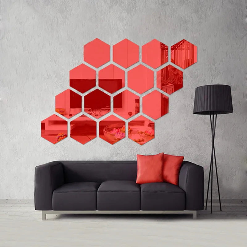 12/6Pcs 3D Hexagon Acrylic Mirror Wall Stickers DIY Mirrored Decorative Stickers eprolo