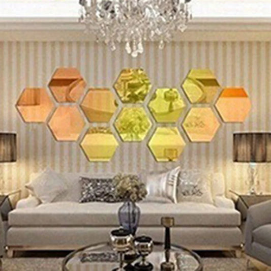 12/6Pcs 3D Hexagon Acrylic Mirror Wall Stickers DIY Mirrored Decorative Stickers eprolo