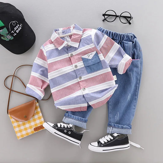Fashion baby boys clothes spring children clothing gentleman baby boy striped shirt+jeans 2pcs set Newborn baby boy clothes eprolo