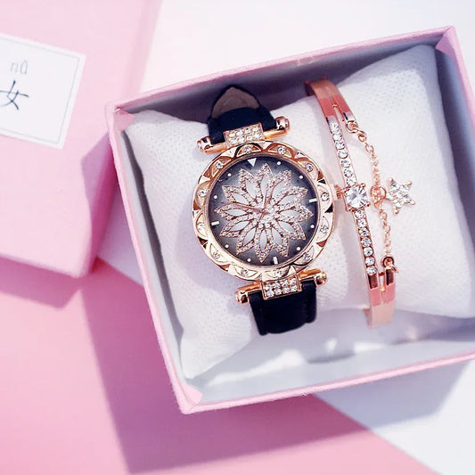 Women Starry Sky Watch Luxury Rose Gold Diamond Watches Ladies Casual Leather Band Quartz Wristwatch Female Clock zegarek damski - Shello's Creative Boutique