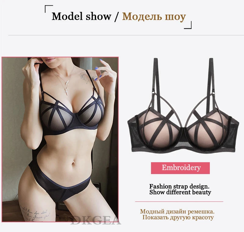 DKGEA Black Bandage Push-Up Bra & Brief Set – Sexy Deep V Floral Embroidered Lingerie for Women (B–D Cup, Sizes 70–95)