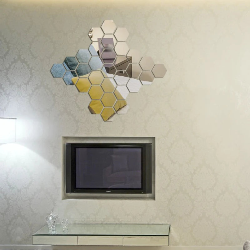 12/6Pcs 3D Hexagon Acrylic Mirror Wall Stickers DIY Mirrored Decorative Stickers eprolo