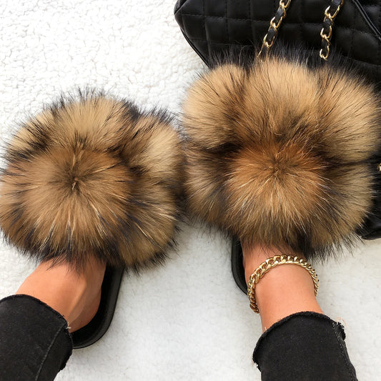 Women's Real Fox Raccoon Fur Slippers - Fluffy Pom Pom Slides Beach Sandals