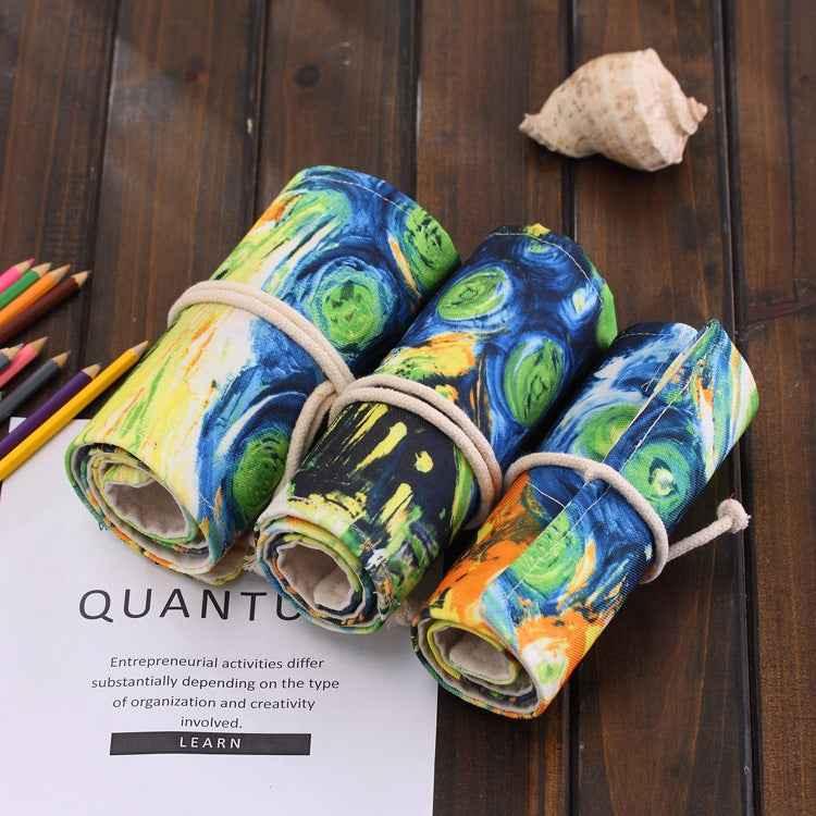 72 Slots Van Gogh Oil Painting Print Pen Bag Canvas Pencil Wrap Curtain Roll Up Pencil Case Stationery Pouch, 72 Slots - Shello's Creative Boutique