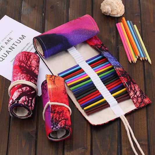 48 Slots Sunset Tree Print Pen Bag Canvas Pencil Wrap Curtain Roll Up Pencil Case Stationery Pouch - Shello's Creative Boutique